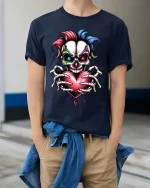 Creepy Skull Heart T Shirt Dark Love Gothic Graphic Style - model wearing navy tee with hands in pockets