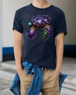Surreal Floral Insect T Shirt Artistic Fantasy Nature Design - model wearing navy tee with hands in pockets