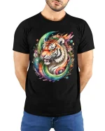 Rainbow Tiger Splash Art T Shirt Bold Colorful Wild Energy Style - model wearing black tee with hands behind back