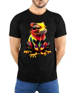 Neon Frog Art T Shirt Colorful Cute Psychedelic Animal Style - model wearing black tee with hands behind back