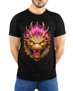 Golden Dragon Crest T Shirt Fierce Mythical Power Emblem Style - model wearing black tee with hands behind back