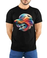 Colorful Flow Fish T Shirt Abstract Artistic Ocean Style Design - model wearing black tee with hands behind back