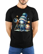 Cute Astronaut Space T Shirt Cartoon Galaxy Explorer Style Art - model wearing black tee with hands behind back