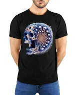 Fractal Skull T Shirt Psychedelic Cosmic Mind Bend Art Style - model wearing black tee with hands behind back