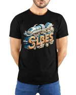 Retro Vibes Train T Shirt Vintage Style Travel Graphic Design - model wearing black tee with hands behind back