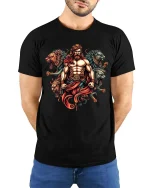 Mythical Warrior Lion T Shirt Legendary Strength Power Art Style - model wearing black tee with hands behind back
