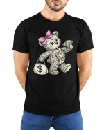 Money Bear T Shirt Cute Cash Lover Funny Rich Vibes Graphic - model wearing black tee with hands behind back