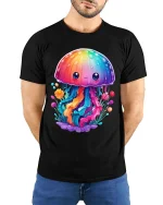 Cute Rainbow Jellyfish T Shirt Kawaii Ocean Fantasy Style Art - model wearing black tee with hands behind back