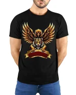 Eagle And Tiger Power Crest T Shirt Fierce Bold Animal Fusion Art - model wearing black tee with hands behind back