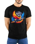 From Ashes We Rise Phoenix Jet T Shirt Bold Fighter Spirit Art - model wearing black tee with hands behind back