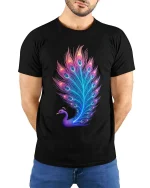 Neon Peacock Feather Glow T Shirt Vibrant Elegant Artistic Style - model wearing black tee with hands behind back
