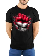 Powerful Red White Fist T Shirt Bold Strength Statement Graphic - model wearing black tee with hands behind back