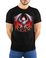 Fiery Phoenix Eagle T Shirt Mythical Flame Wings Power Design - model wearing black tee with hands behind back
