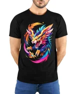 Colorful Dragon Beast T Shirt Vibrant Fantasy Power Art Style - model wearing black tee with hands behind back