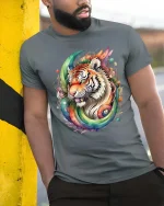 Rainbow Tiger Splash Art T Shirt Bold Colorful Wild Energy Style - model wearing grey tee, leaning on column