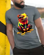 Neon Frog Art T Shirt Colorful Cute Psychedelic Animal Style - model wearing grey tee, leaning on column
