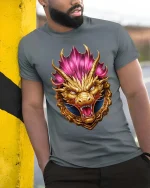 Golden Dragon Crest T Shirt Fierce Mythical Power Emblem Style - model wearing grey tee, leaning on column