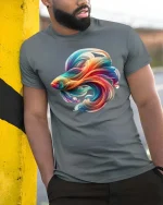 Colorful Flow Fish T Shirt Abstract Artistic Ocean Style Design - model wearing grey tee, leaning on column