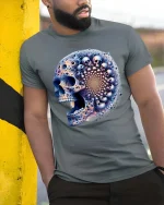 Fractal Skull T Shirt Psychedelic Cosmic Mind Bend Art Style - model wearing grey tee, leaning on column