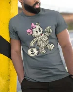 Money Bear T Shirt Cute Cash Lover Funny Rich Vibes Graphic - model wearing grey tee, leaning on column