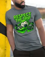 Respect The Drip Soccer T Shirt Funny Slime Goalkeeper Style - model wearing grey tee, leaning on column