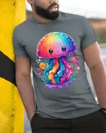 Cute Rainbow Jellyfish T Shirt Kawaii Ocean Fantasy Style Art - model wearing grey tee, leaning on column