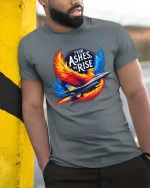 From Ashes We Rise Phoenix Jet T Shirt Bold Fighter Spirit Art - model wearing grey tee, leaning on column