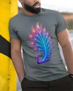 Neon Peacock Feather Glow T Shirt Vibrant Elegant Artistic Style - model wearing grey tee, leaning on column