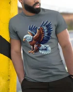 Majestic Flying Eagle T Shirt Bold Patriotic Freedom Style Art - model wearing grey tee, leaning on column