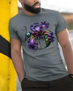 Surreal Floral Insect T Shirt Artistic Fantasy Nature Design - model wearing grey tee, leaning on column